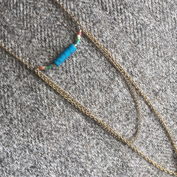 Long Gold Chain Blue Beaded Necklace Earring Set - Picture 2 of 3